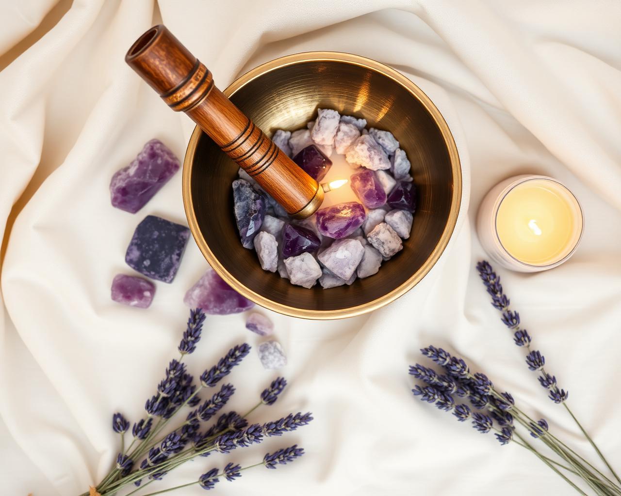 Singing bowl, lavender and amethyst crystals